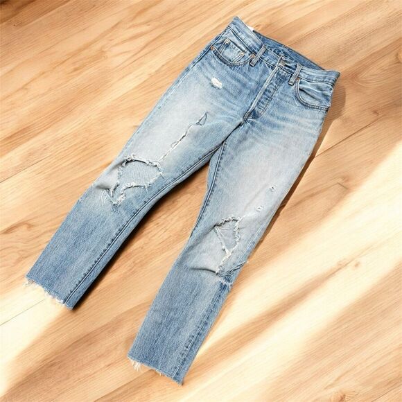 Levi’s 501 Straight Leg Blue Denim Jeans Distressed 25” - Picture 1 of 8